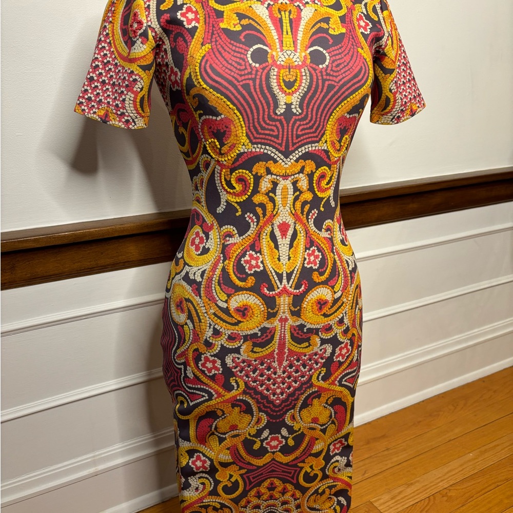 Anthropologie Pankaj & Nidhi Onida  Yellow Coral Gray Pencil  Style Dress size 4